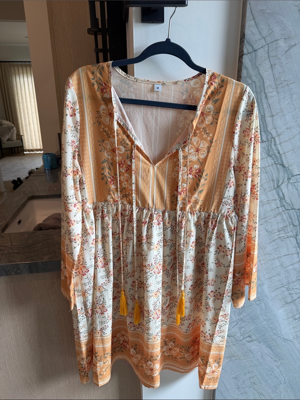Boho Floral Tassel Tunic Dress in Warm Mustard & Cream